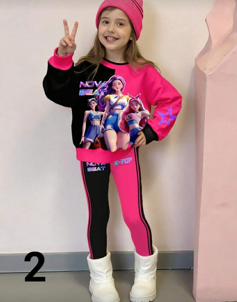 2 pcs/Set KPOP Graphic Print Top, Tween Girl Crew Neck Sweatshirt And Leggings Set, Fashionable Casual,
