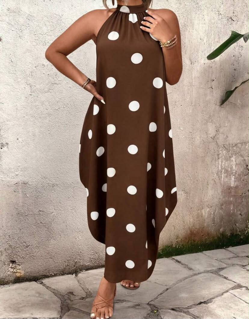 Breezaya Plus Size Women's Summer Polka Dot Casual Elegant Sleeveless Zip Neck Dress