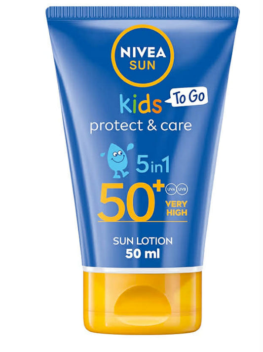 NIVEA Sun Kids Protect & Care To Go SPF 50+ Lotion (50ml), Moisturising Kids Sun Cream Immediately Protects Delicate Skin Against Sunburn and Long-Term UV Damage, Fast-Absorbing No White Cast Formula
