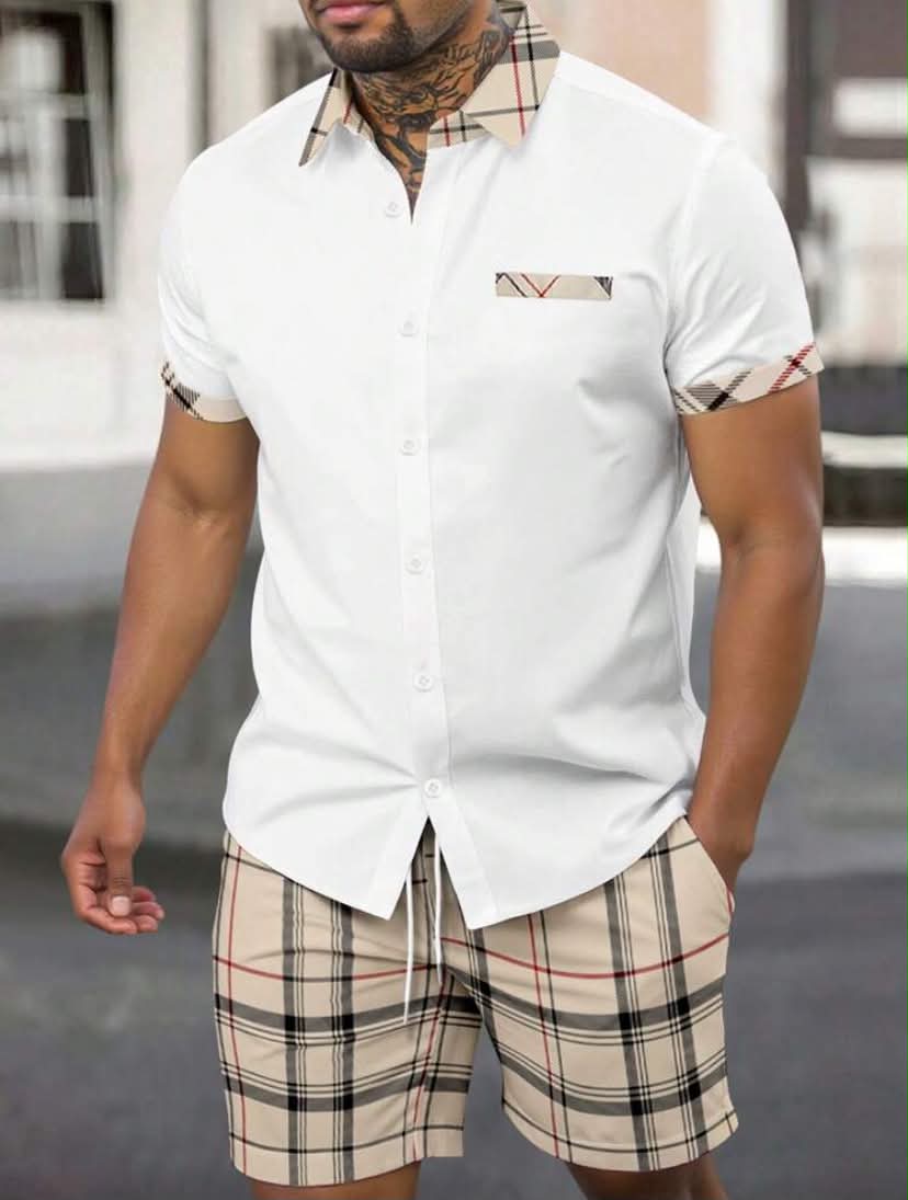 Men's Plaid Print Short Sleeve Shirt And Cargo Shorts 2-Piece Casual Set Men Black Shirt Plaid Trim