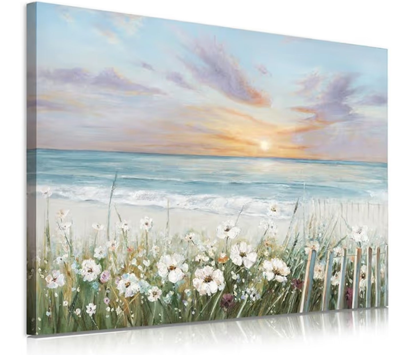 Xmyateli Sunrise Ocean Wall Art with Wildflowers Canvas