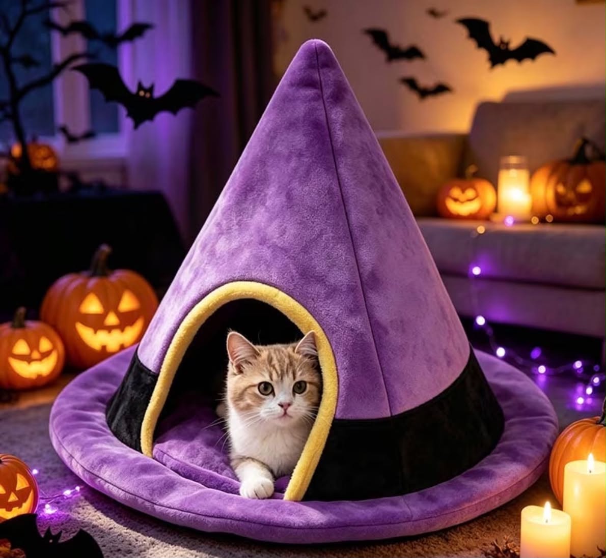 BOOTEELY 59.94cm x 45.97cm Spacious Semi-Enclosed Witch Hat Cat & Small Dog Bed - Soft Warm Suitable for Indoor/Outdoor Use, Assembly Winter Pet Nest for Kittens, Puppies, Indoor/Outdoor Cozy Sleeping Basket with Witch Hat