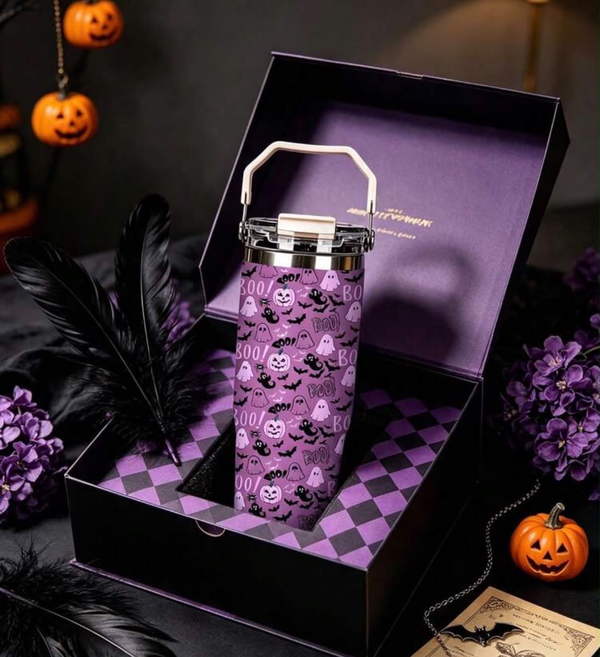 1pc 30oz Halloween Horror Theme Stainless Steel Insulated Coffee Mug, Black Background Cartoon Pumpkin Skull Spider Bat Candy And Halloween Text Pattern, Couple Water Cup Stainless Steel Reusable Drinking Cup,