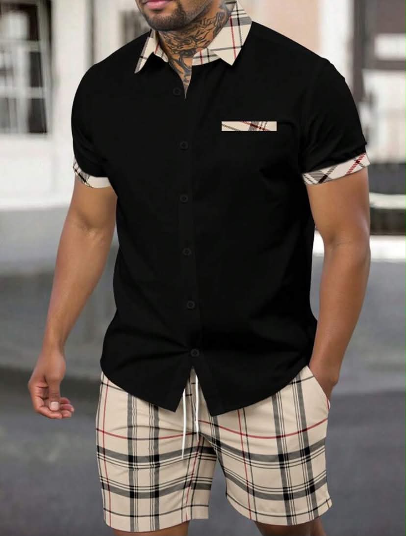 Men's Plaid Print Short Sleeve Shirt And Cargo Shorts 2-Piece Casual Set Men Black Shirt Plaid Trim