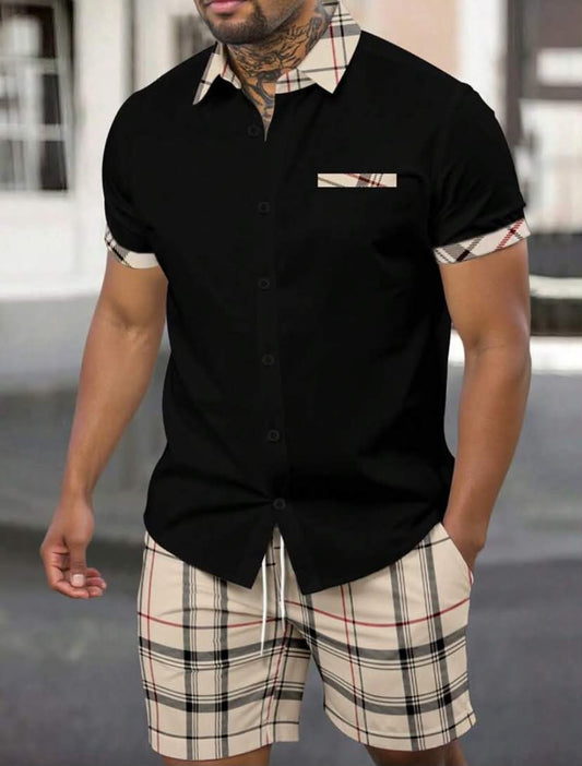 Men's Plaid Print Short Sleeve Shirt And Cargo Shorts 2-Piece Casual Set Men Black Shirt Plaid Trim
