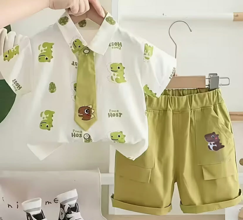 Dinosaur Summer Outfit Boys' Summer Casual Outfit - Short-Sleeve Shirt with Cartoon Dinosaur Print & Avocado Green Shorts - Soft Fabric for Stylish Outdoor Wear