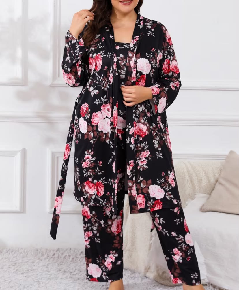 3pcs Plus Size Women's Floral Print Cami Pants & Long Sleeve Robe Set  Elegant Casual Sleepwear