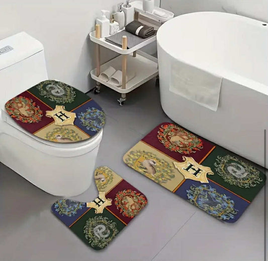 3pcs Harry Potter & Hermione Granger Flannel Bathroom Set: Bath Mat, Toilet Lid Cover, and U-Shaped Mat