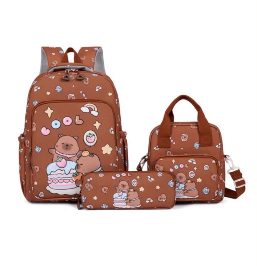 3pcs Cartoon Capybara Cute Large Capacity Travel Backpack Set, Suitable For School, Graduation And Various Occasions