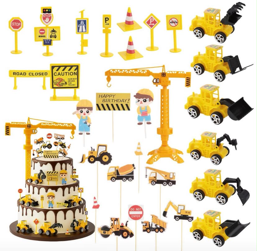 Construction Toys Cake Decoration Set, 28-Piece Engineering-Themed Car Cake Decorations, Building Party Supplies, Tractor Cake Topper and Toy Digger Birthday Decorations for Kids