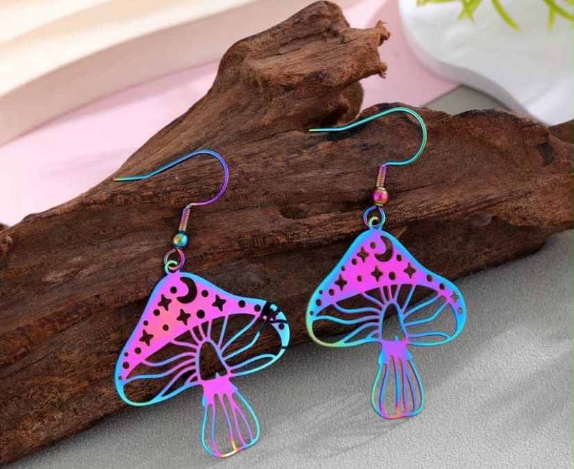 A Pair of Stainless Steel Colorful Hollowed-out Dreamy Fairyland Mushroom Earrings, a Lovely and Exquisite Gift