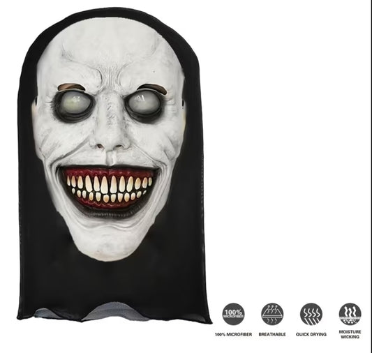 Creepy Smile White-Faced Mask with Hood - Spooky Costume Accessory, Breathable Microfiber Hooded Mask