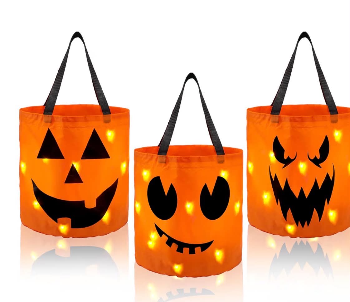 3 PCS Halloween Trick or Treat Bags 10 x 11.8 inches LED Light Orange Pumpkin Buckets Reusable Goody Candy Bucket