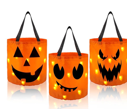 3 PCS Halloween Trick or Treat Bags 10 x 11.8 inches LED Light Orange Pumpkin Buckets Reusable Goody Candy Bucket