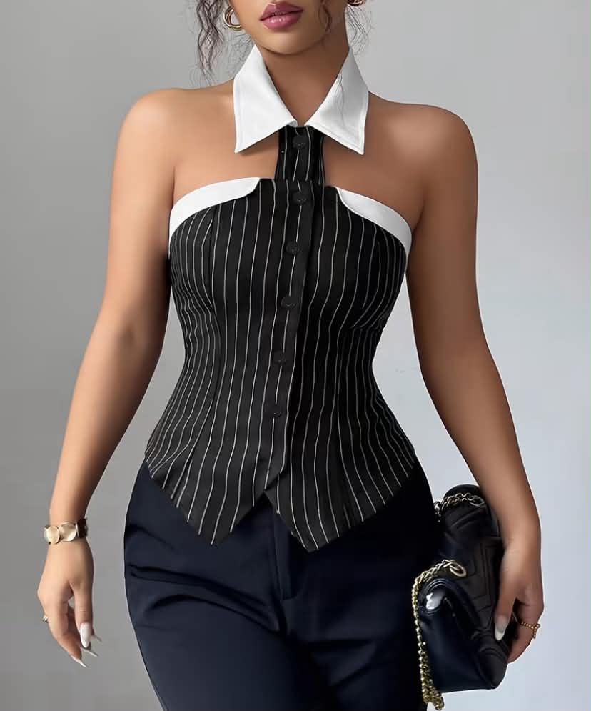 Plus Size - New Elegant Women'S Striped Contrast Collar Halter Blouse, Casual Vacation Shirt,