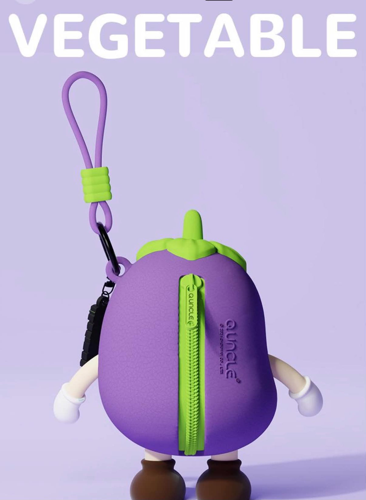 cute little purple aubergine/eggplant 3D coin purse 🍆💜 with the green zip and hanging strap.