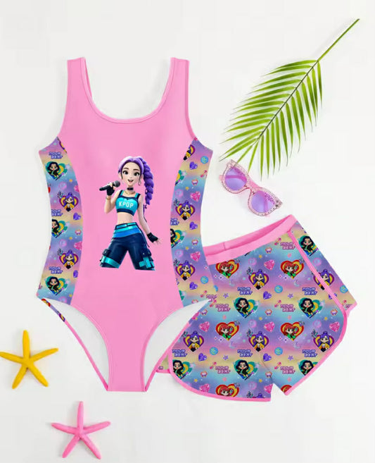 2 Piece K-POP Singer Cartoon Print One Piece Swimsuit with Skirt Cover Up