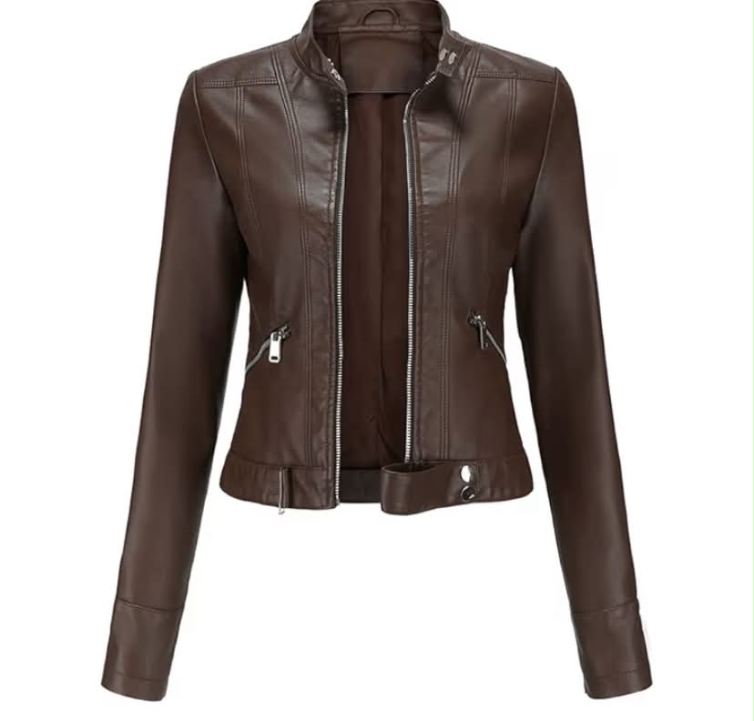 Women Classic Faux Leather PU Moto Biker Jacket Short Slim Fit Casual Zip Up Coat