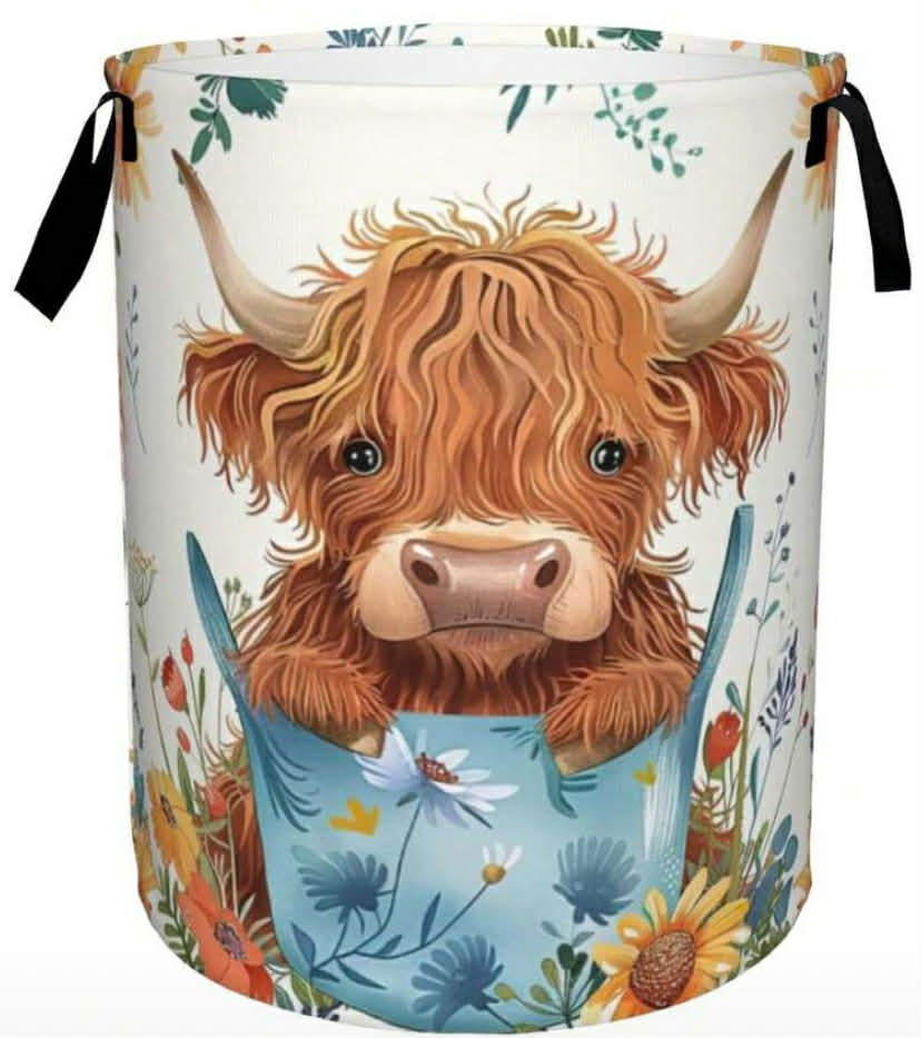 1 pc Highland Cow Shaped Storage Basket, Colorful Flower Laundry Basket