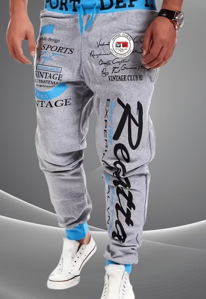 Men'S C-Print Long Trousers, Casual Athletic Print Drawstring Adjustable Waistband, Practical Long Pants,