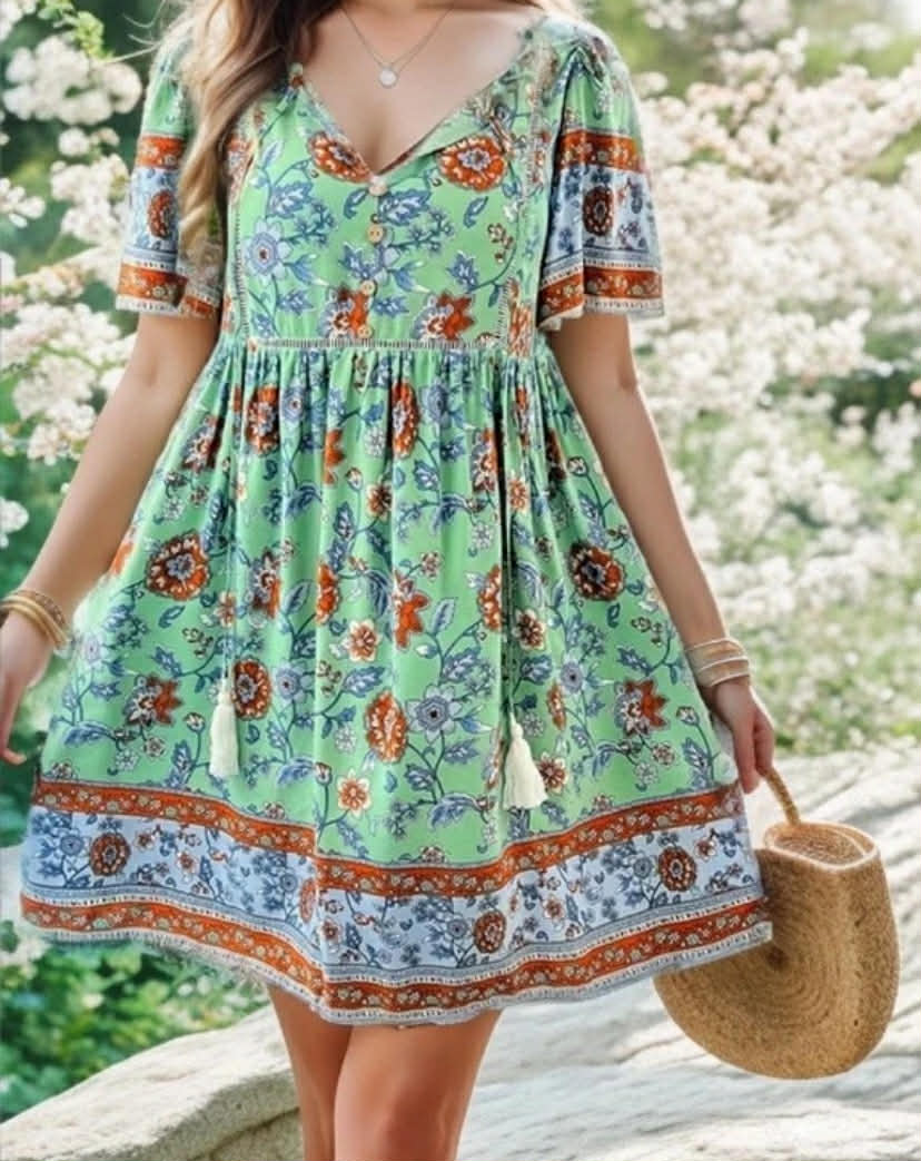 Summer V Neck Short Sleeve Holiday Beach Floral Loose Dress