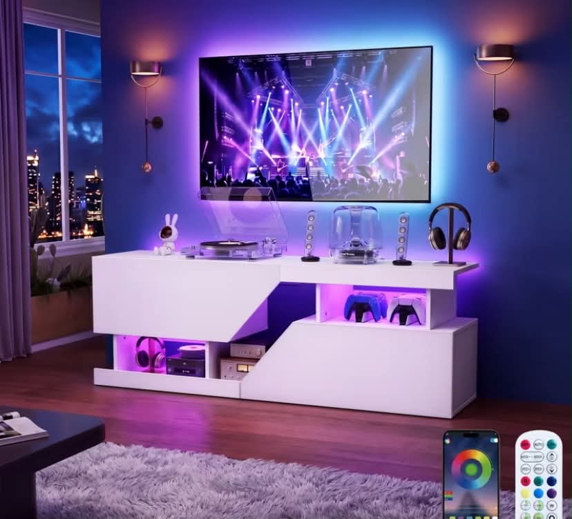 [TV Stand] for 55/60/65 Inch TVs Stand & Entertainment Center with Storage Cabinet & Open Shelves - Modern Media Console Table, Engineered Wood Suitable for Living Room, Bedroom, Desk-Mounted TV Unit with Assembly Required (White)