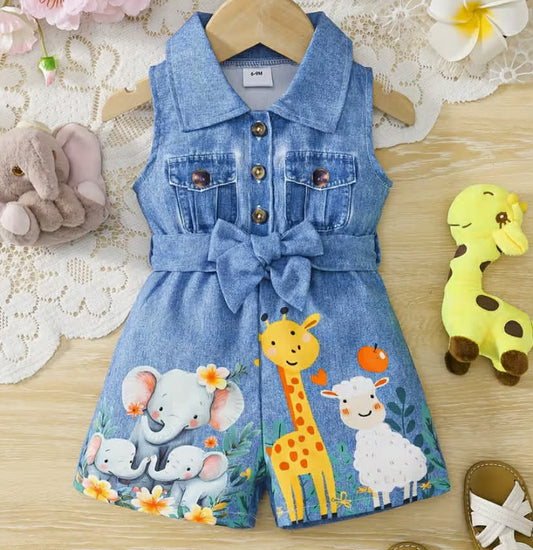 Baby Girl Romper + Belt, Half Open Placket, Fake Faux Denim Waist, Bee Print, Sleeveless Cute Jumpsuit, for Outdoor