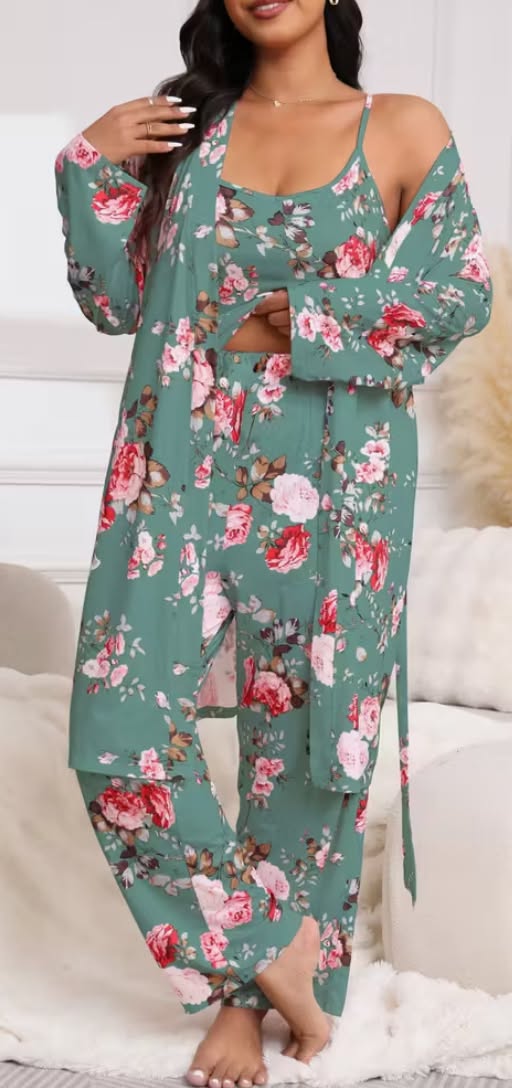 3pcs Plus Size Women's Floral Print Cami Pants & Long Sleeve Robe Set  Elegant Casual Sleepwear