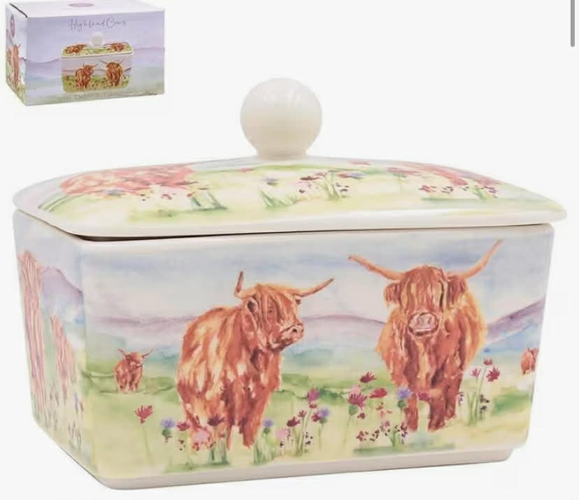 Highland Cows Butter Dish - Ceramic Fine China Butter Dish with Removable Lid and Decorative Box
