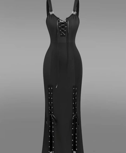 Plus Size Women'S  Gothic  Camisole Long Dress, Vintage Metallic Eyelet Ribbon Decor Design, Comfortable Stretch Fabric, Casual Commute Party Outfit