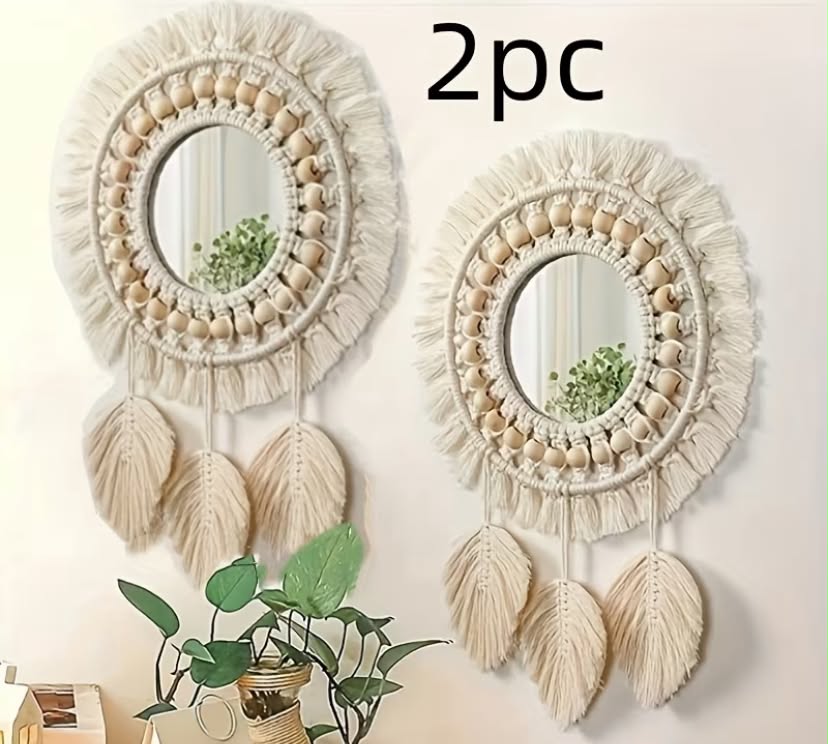 2 pcs Bohemian Hand- Mirror with Wooden Beads, Leaf Tassels, and Wall Decor Mirror, Makeup Mirror