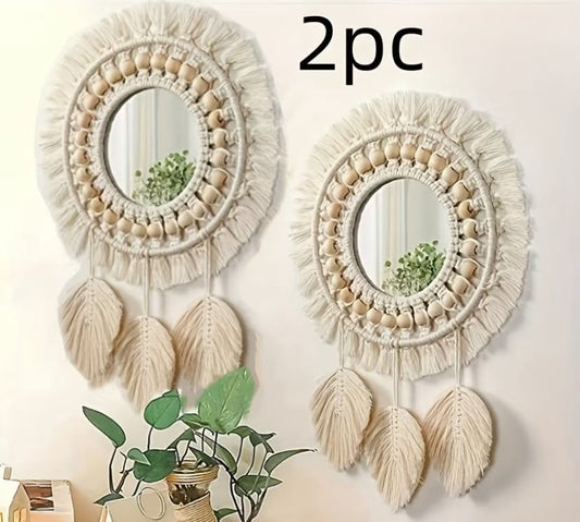 2 pcs Bohemian Hand- Mirror with Wooden Beads, Leaf Tassels, and Wall Decor Mirror, Makeup Mirror