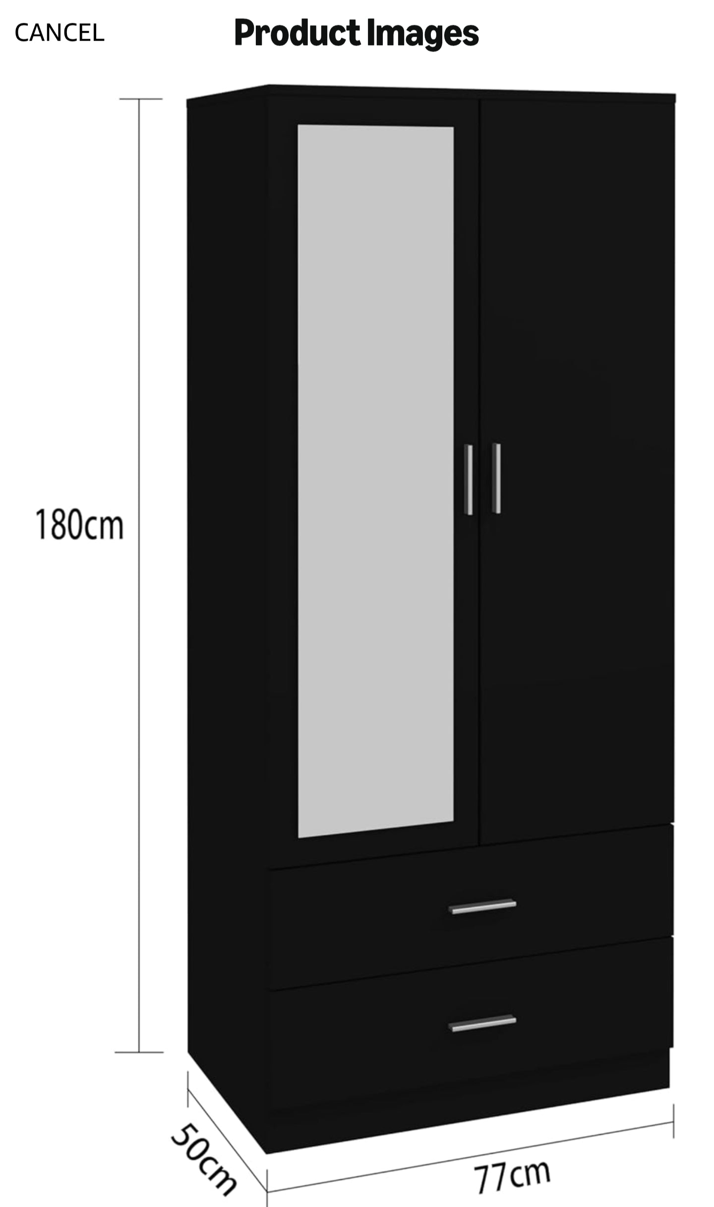 2 Door 2 Drawers Mirrored Wardrobe with Hanging Rail Wooden Clothes Storage Cupboards Unit for Bedroom Furniture 77 x 50 x 180 cm (Black)