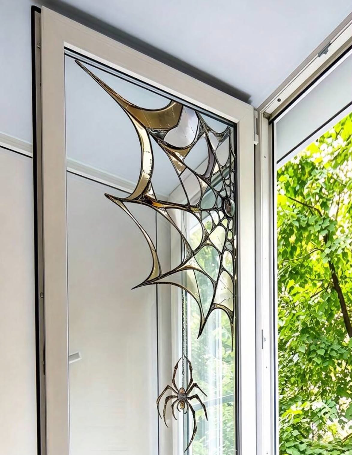 1pc Halloween Stained Glass Spider Web Static Window Corner Sticker,