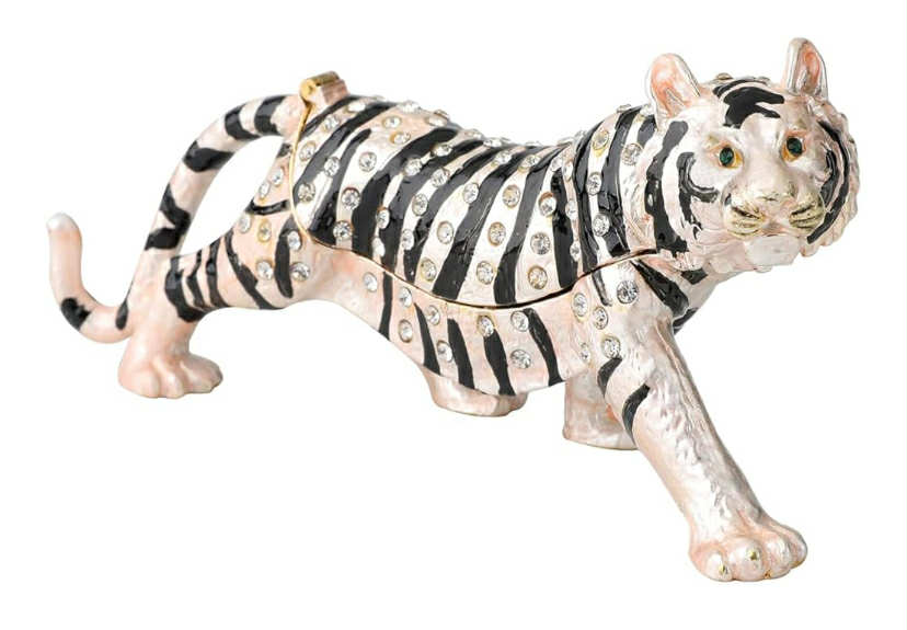 Hand Painted White Tiger Figurine Enamel Trinket Box Hinged, Unique Gift for Family