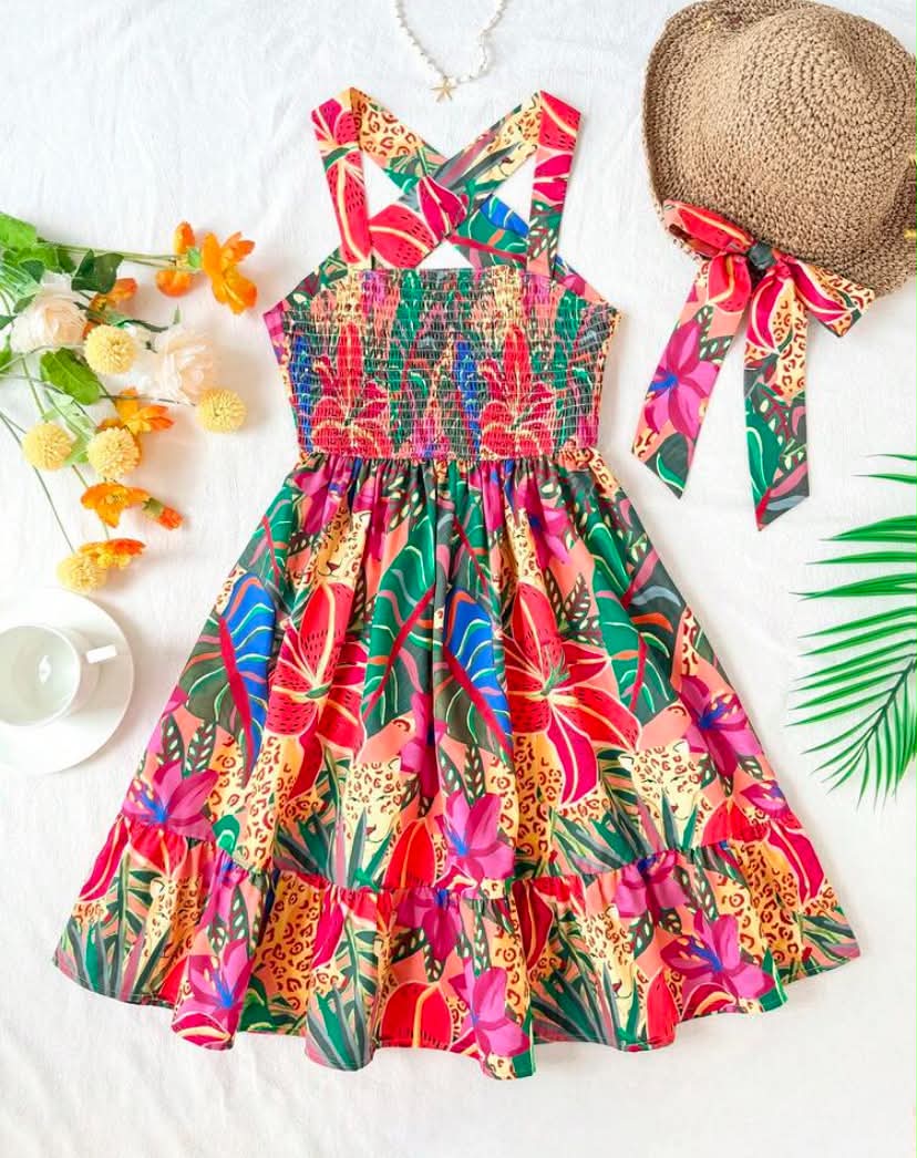 Tween Girls Tropical Plant Print Crisscross Bowknot Decor Waist Cinched Woven Dress