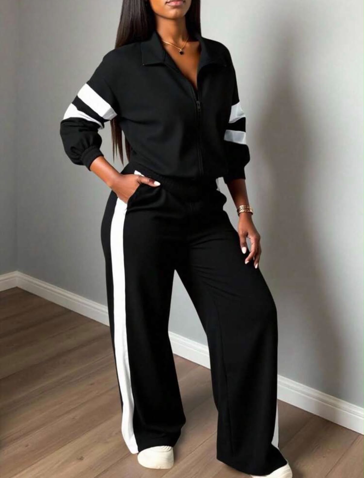 Two Pieces Set, Women Casual Sports Street Wear Stand Collar Zip-Up Long Sleeve Sweatshirt And Straight Leg Pants