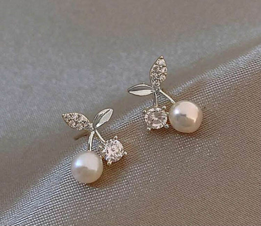 Rhinestone & Faux Pearl Decor Cherry Design Stud Earrings
