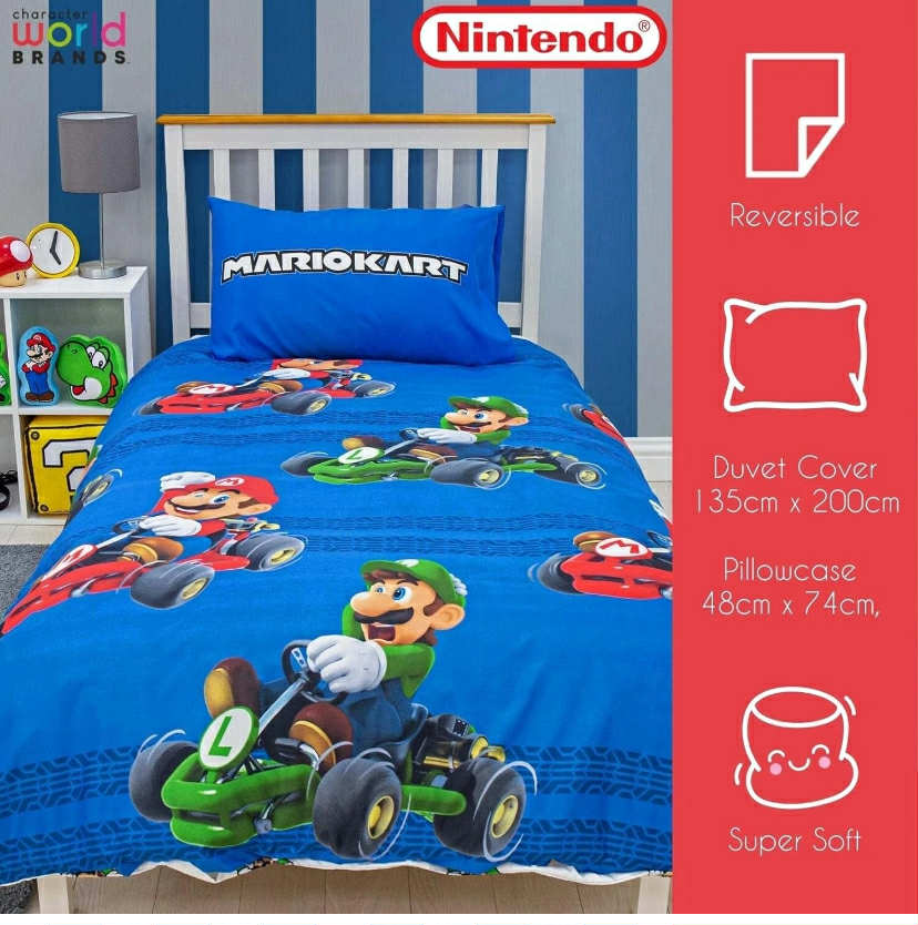 Nintendo Super Mario Kart Official Single Duvet Cover Bed Set Checkers Design