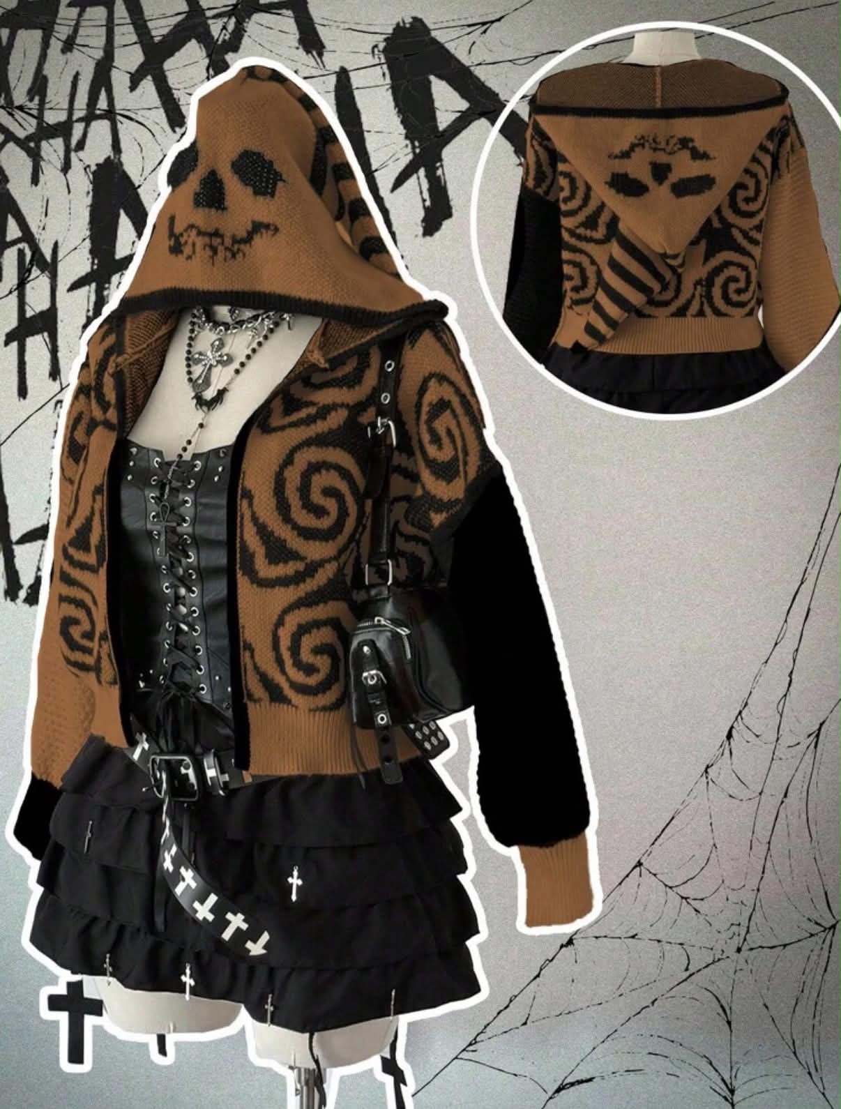 Sunspun Plus Size Women Punk Style Swirl Jacquard Knit Cardigan,