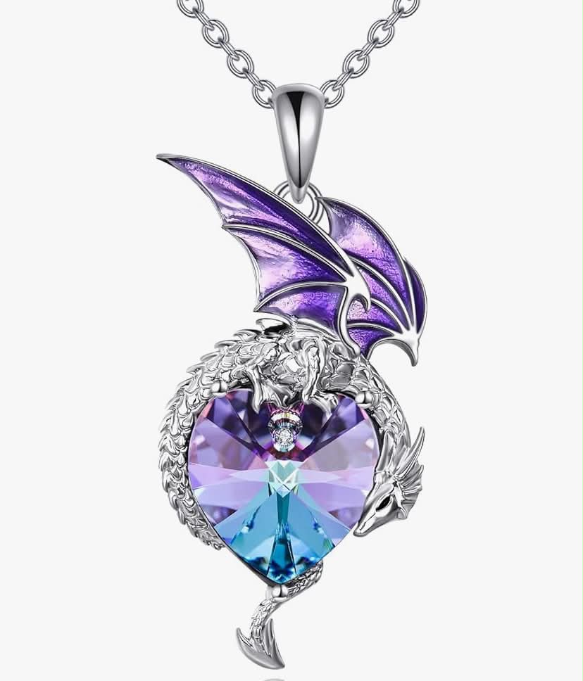 Dragon Necklace 925 Sterling Silver Heart Crystal Pendant Mythical Guardian