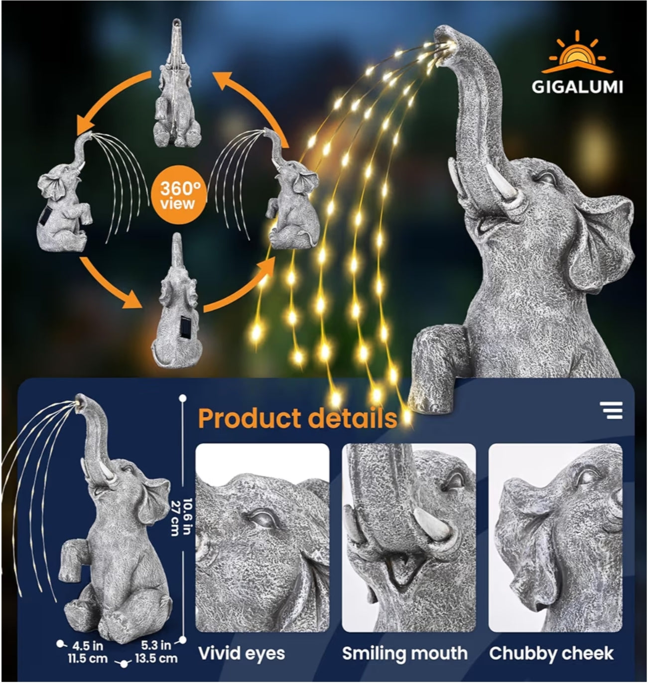 Elephant Statue Garden Decoration True Watering Elephant Figure Solar Powered LED Lights,