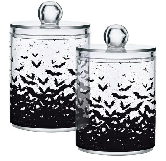 2 Pack Qtip Holder Dispenser Black White Bats Bathroom Canister Storage Jars Clear Makeup Organizer Cotton Ball Pads Swabs Floss Containers