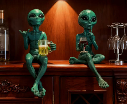 Set of 2 Green Alien Resin Figures Featuring Red Wine And Beer - a Collectible Statue of a Green-Skinned Alien,