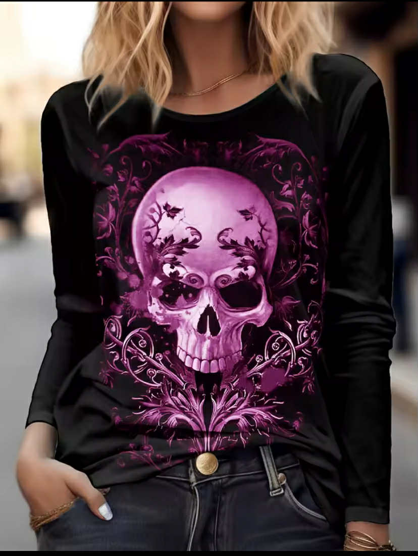 Women's Long Sleeve Horror Undead Skull Pattern T Shirt