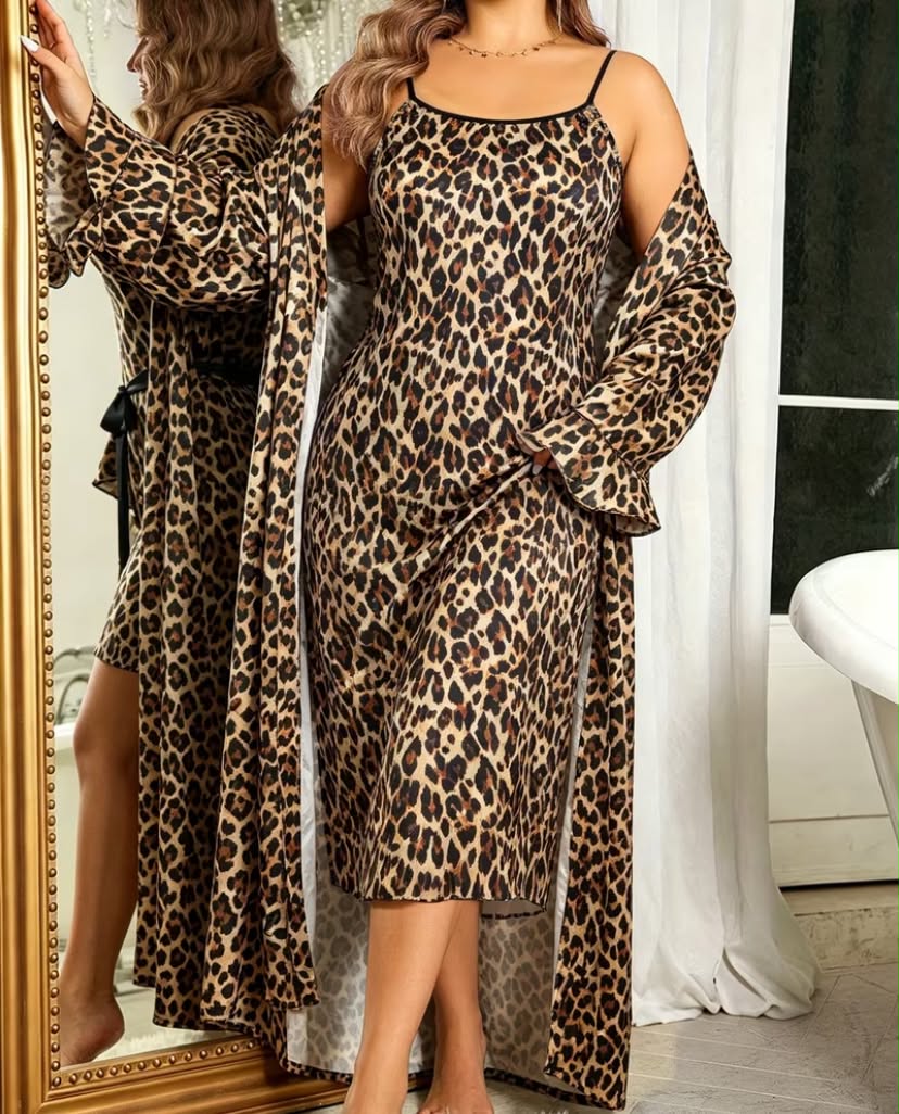 Plus Size Women'S Romantic Floral Print Set, Sexy Cami Satin Robe Outfit