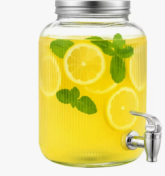 4L Glass Beverage Dispenser with Stainless Steel Tap Ice Core Leak-Proof Clear Drink Dispenser Jar for Christmas Thanksgiving Parties, Weddings, Garden, Bar - Ideal for Iced Tea, Lemonade, Cocktails Infused Wate
