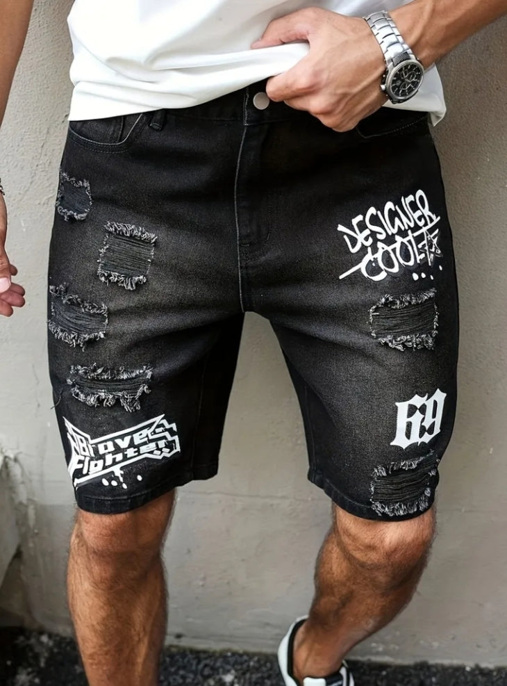 Men's Summer Ripped Print Casual Non-Stretch Black Denim Shorts