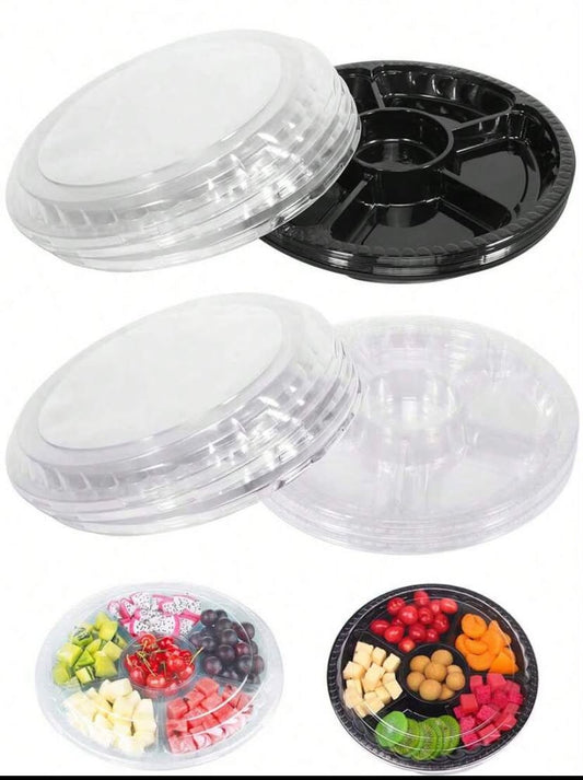 2 pcs Round Plastic Appetizer Trays With Lids - 10.4 Inch Divided Serving Platters, Disposable Food Storage Containers, Plastic Tray Organizers, Snack Dispensers, Fruit & Veggie Plates,