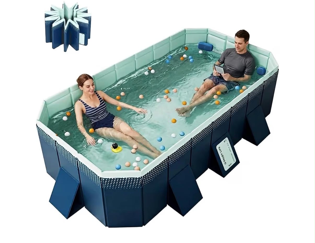 Foldable Pool Non-Inflatable Swimming Pool for Family Adults Hard Plastic Shell Collapsible Rectangle Swimming Pool for Outside Backyard(3m)